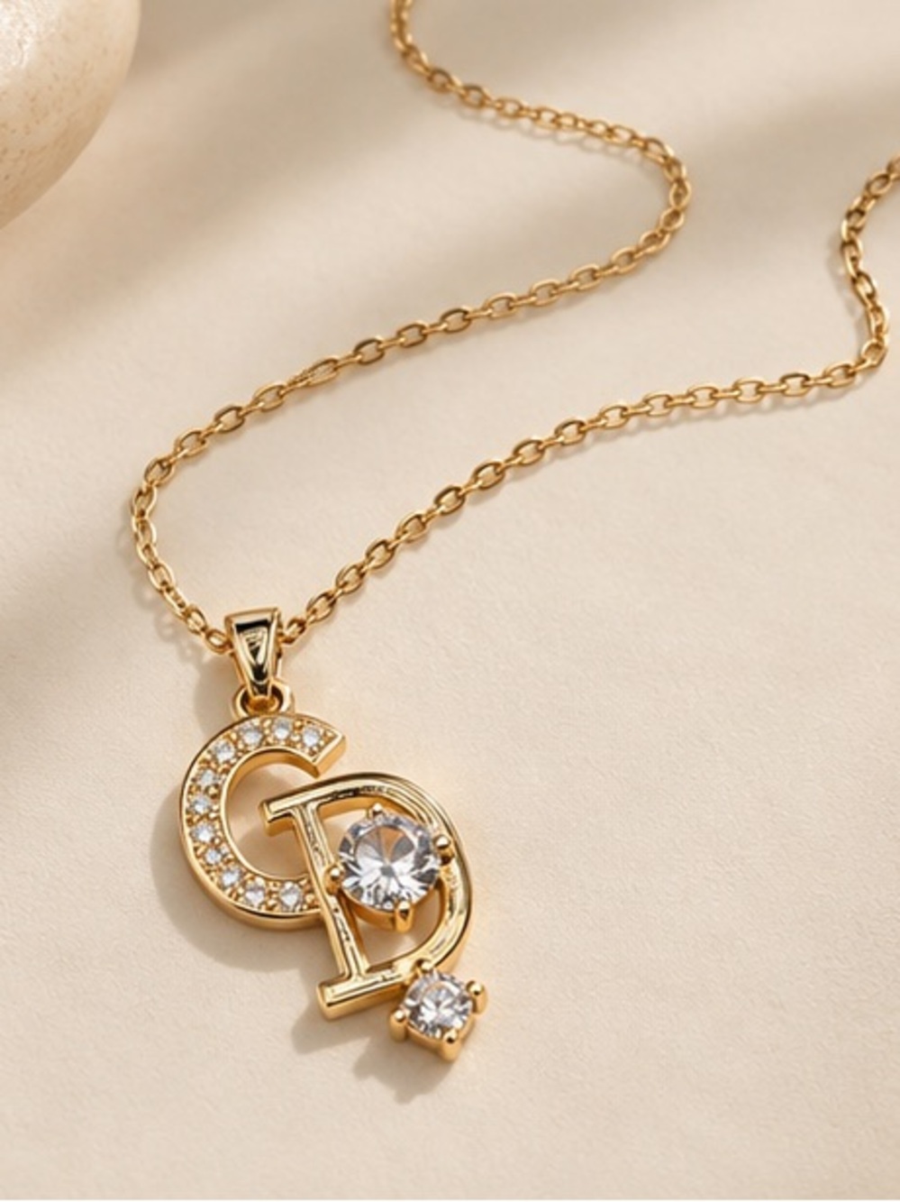 Designer Inspired CD Rhinestone Pendant Necklace Gold